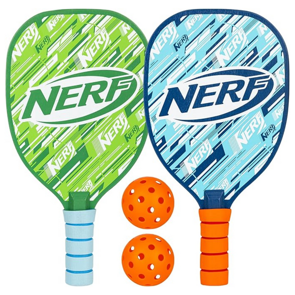 NERF 2 Player Pickleball Paddle Set – (2) Wooden Paddles With Foam Grips + (2) Outdoor Balls For Kids – Carry Bag Included