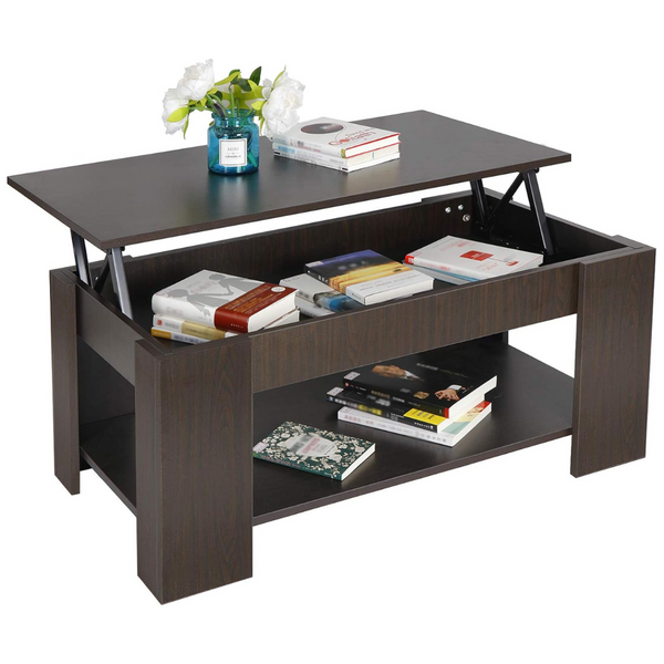 Modern Lift Top Coffee Table W/ Hidden Compartment And Storage Shelves