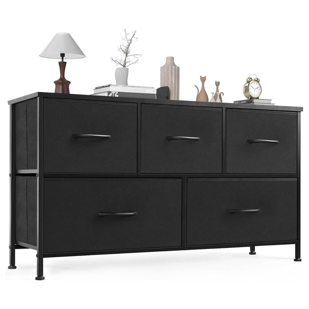 5-Storage Metal Frame Fabric Drawers Dresser W/ Wooden Top