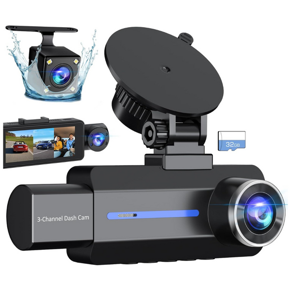 Baeasu 3 Channel 2.5K 1440P Dash Cam with 32GB Card