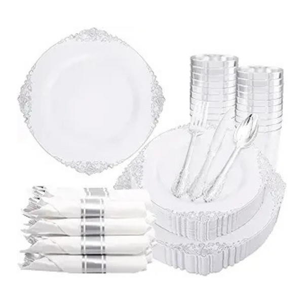 350-Piece Silver Plastic Dinnerware Set With Pre-Rolled Napkins