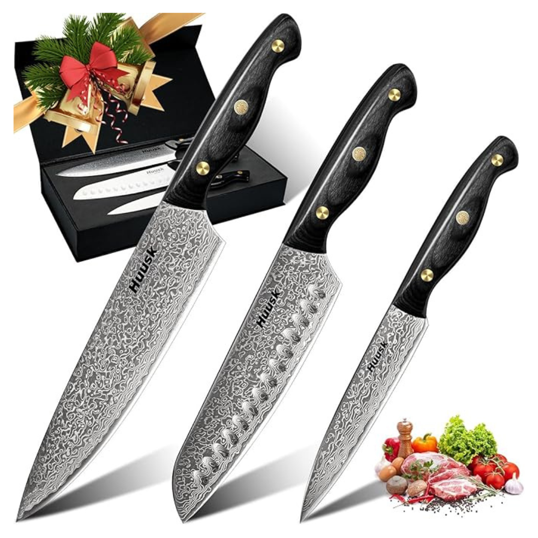 3-Piece VG10 Santoku Damascus Chef Knife Set w/ Ebony Handle