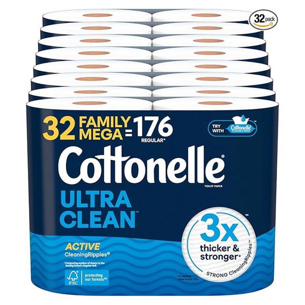 Cottonelle Ultra Clean Toilet Paper With Active CleaningRipples Texture (32 Family Mega Rolls = 176 Regular Rolls)