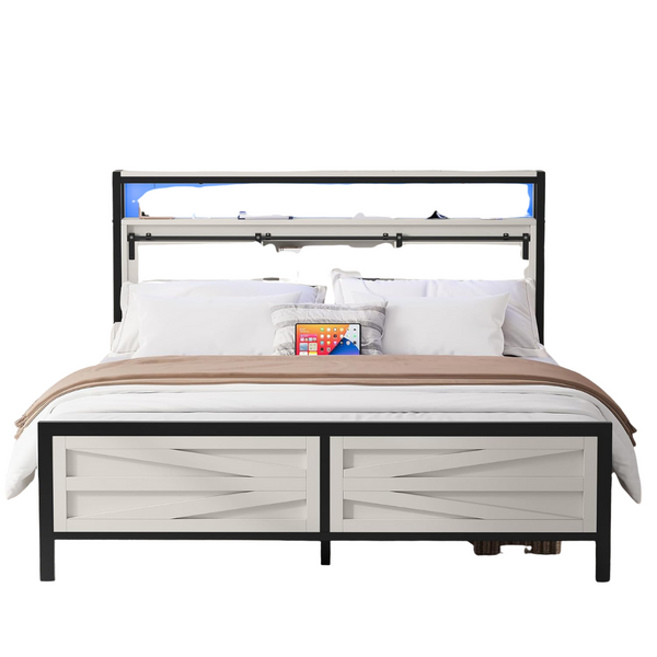Queen Size Bed With Headboard, LED Lights & Charging Station
