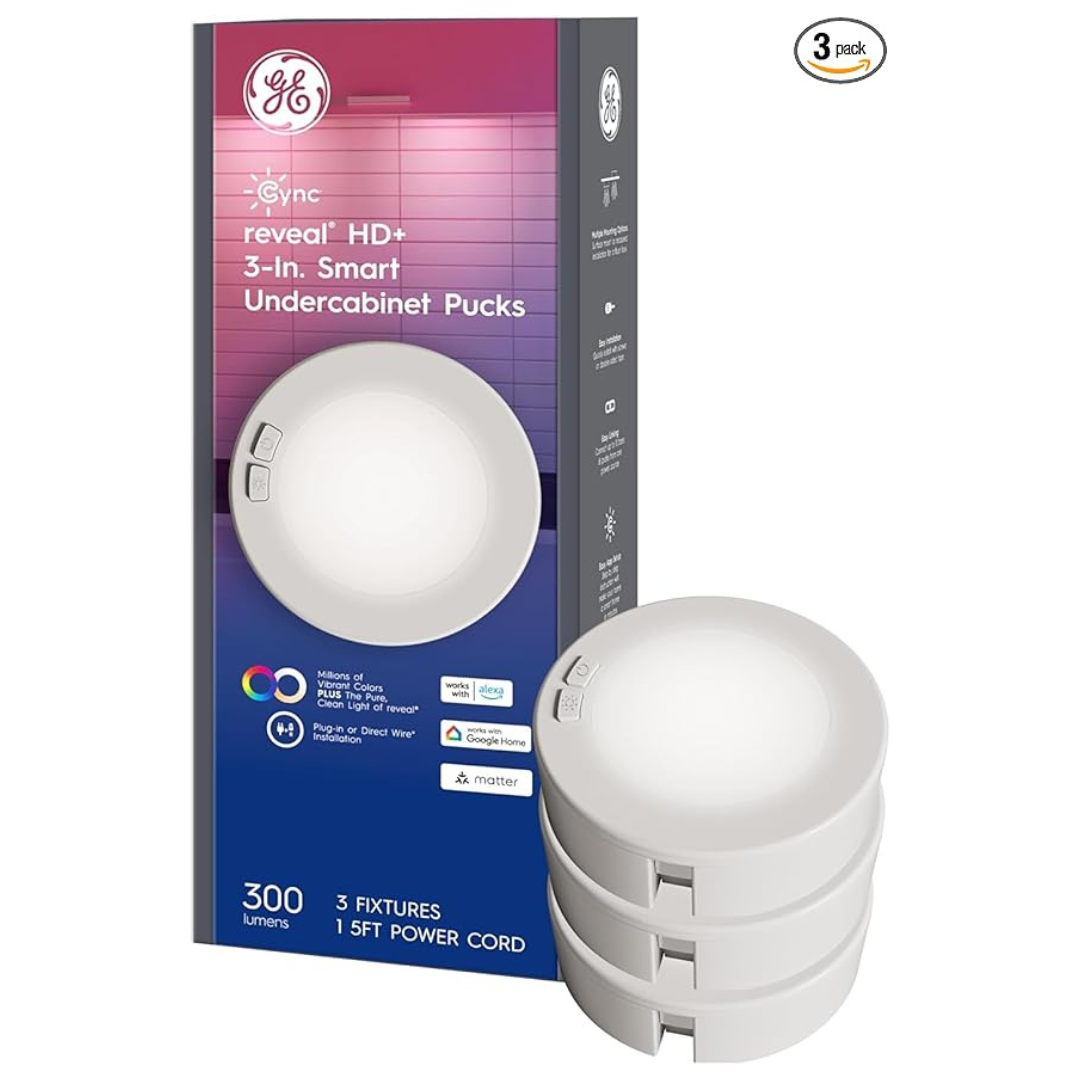 3-Pack GE Cync Reveal HD+ Smart Undercabinet Puck Light Fixtures (3")