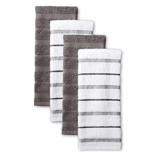 KitchenAid Albany Kitchen Towel 4-Pack Set, Charcoal Grey/White