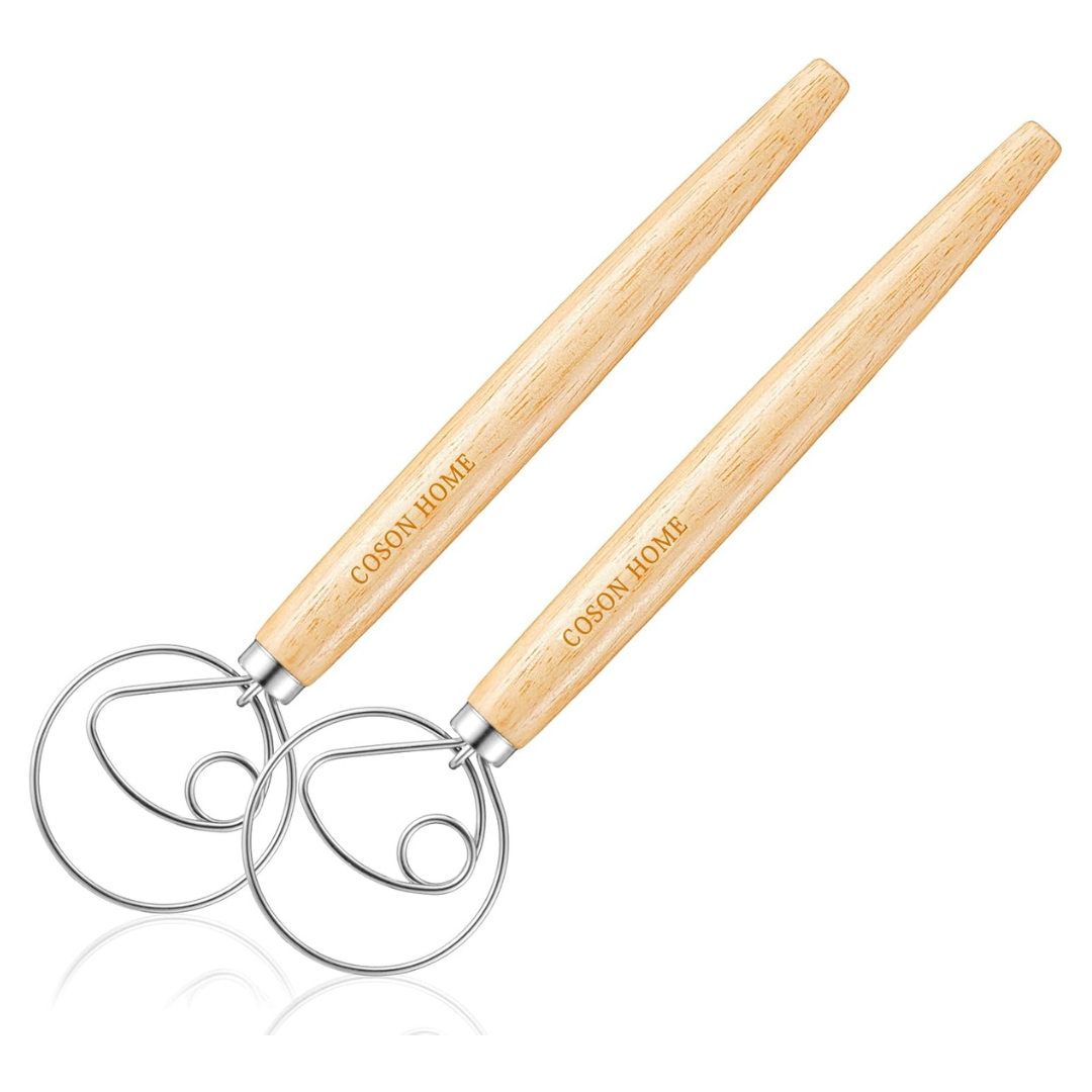 2-Pack Wooden Danish Dough Whisks W/ Stainless Steel Hooks