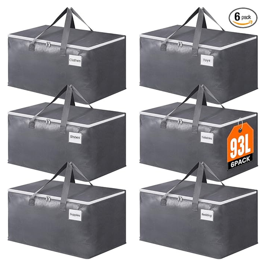 6-Pack Heavy Duty Large Moving & Storing 93L Boxes w/ Zippers & Handles