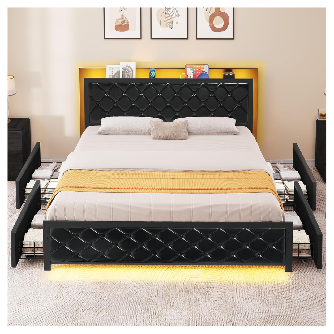YITAHOME Queen Bed Frame With LED Headboard & 4 Drawers