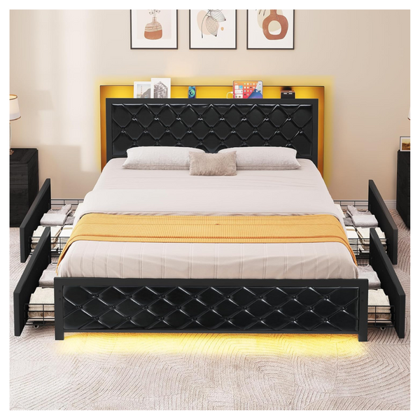 YITAHOME Queen Bed Frame With LED Headboard & 4 Drawers