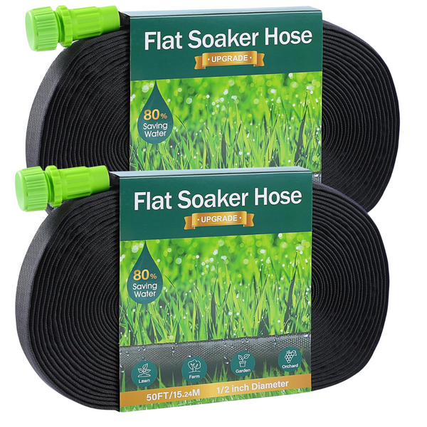 2-Pack Heavy Duty Double Layer Flat Soaker Hose (50ft Each)