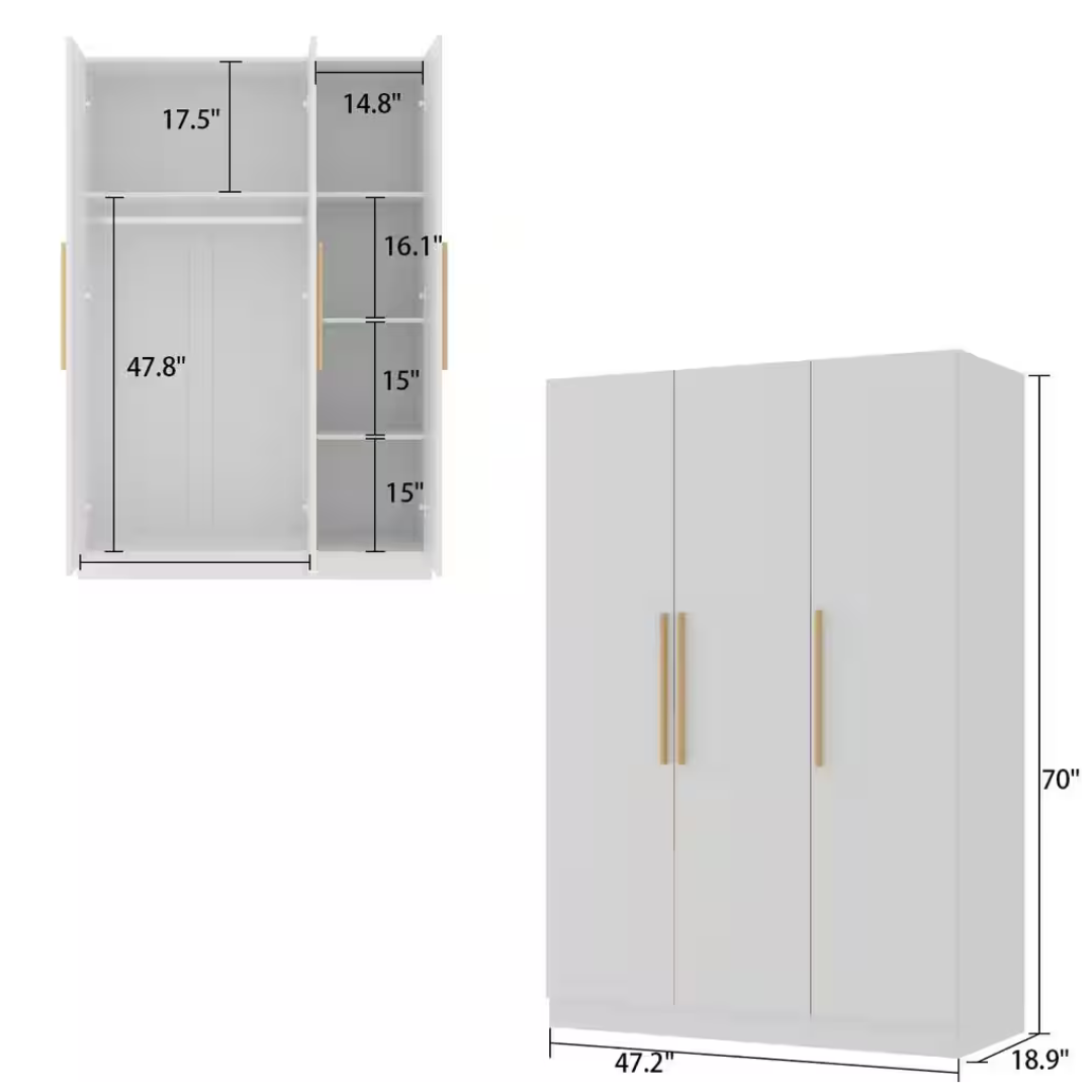 FUFU&GAGA White 3-Door Armoires Wardrobe with Hanging Rod