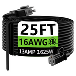 2-Pack 25ft 16AWG 3-Prong Heavy Duty Black Extension Cord