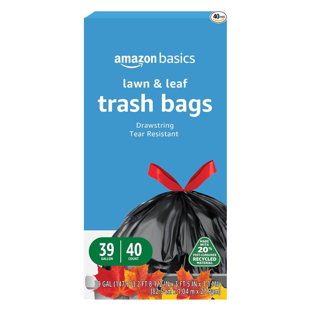 40-Count 39-Gal Amazon Basics Lawn & Leaf Drawstring Trash Bags