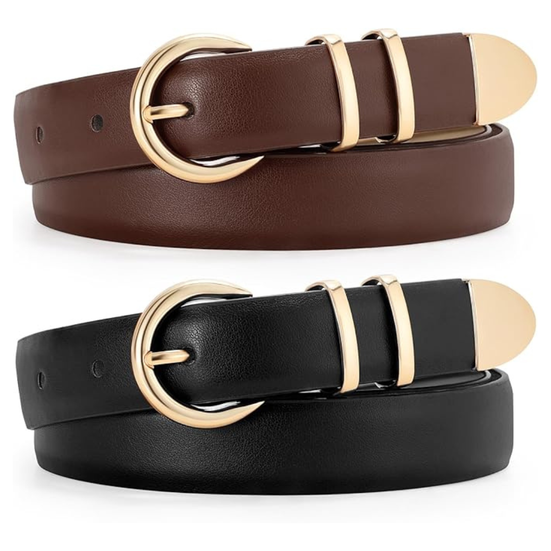2-Pack Jasgood Women's Leather Belt With Gold Buckle