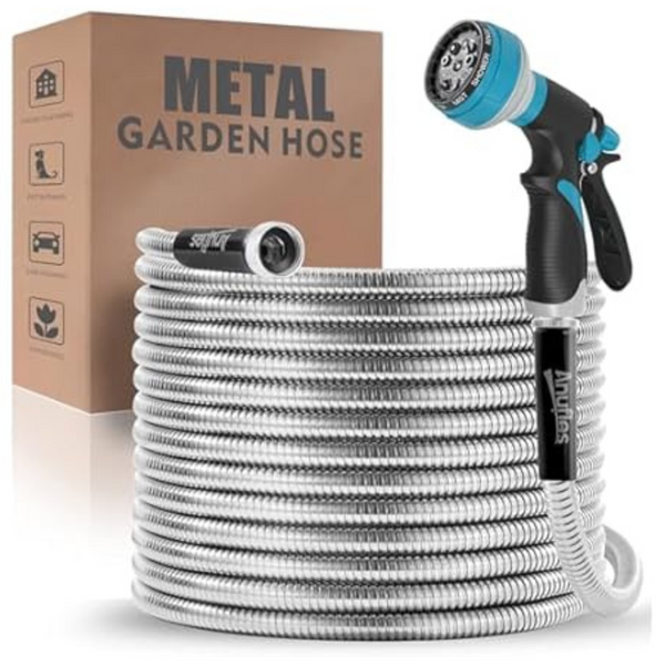100ft Kink Water Metal Garden Hose With 8-Function Nozzle