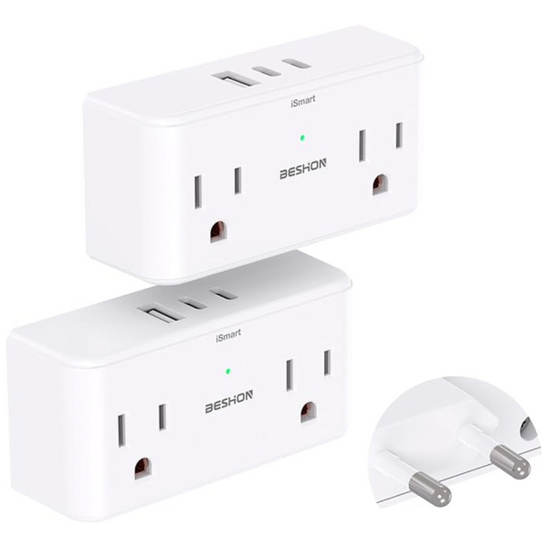 2-Pack Beshon Travel Plug Adapter W/ 4-Outlets & 2x USB-A / 1x USB-C Ports