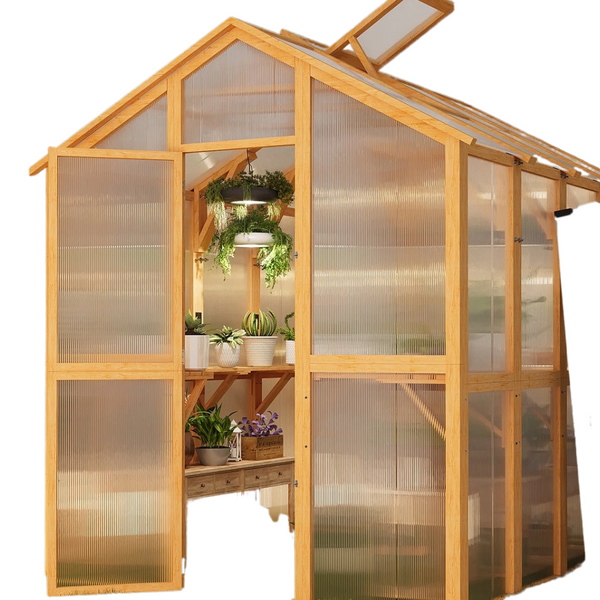 Aecojoy 6ft x 7ft Wooden Walk-in Greenhouse with Plant Stand