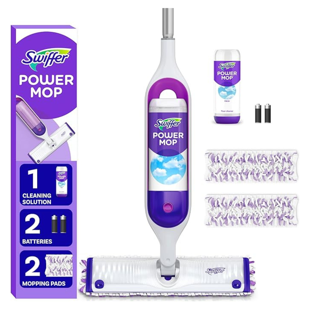 Swiffer PowerMop Multi-Surface Mop Kit, Includes PowerMop, 2 Mopping Pad Refills, 1 Cleaning Solution With Fresh Scent And 2 Batteries