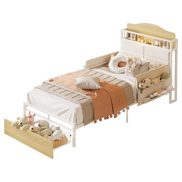 Twin Bed Frame With Guardrail & Bedside Caddy