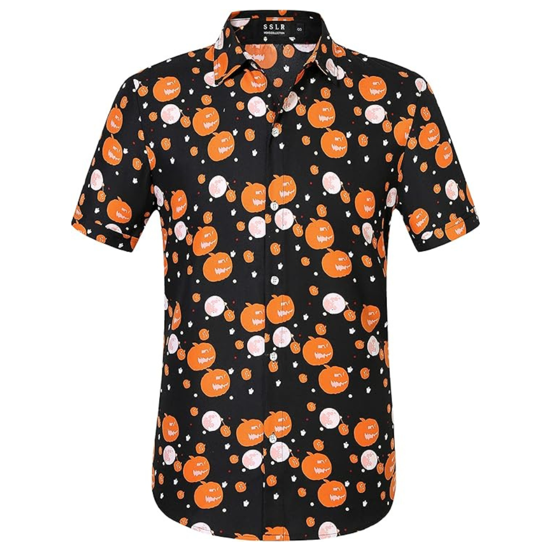 Men's Causal Skeleton Pumpkins Button Up Short Sleeve Shirt
