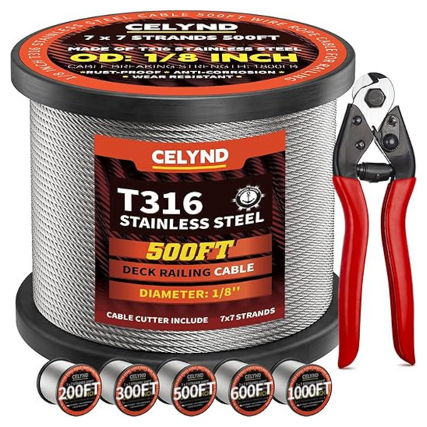 CELYND 500-Ft 1/8" Stainless Steel Wire Rope Cable (T316)