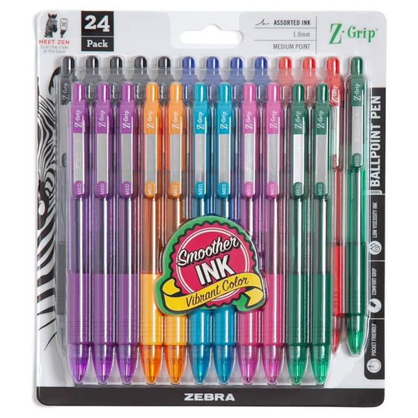 Zebra Pen Z-Grip Retractable Ballpoint Pens, Medium Point, Assorted Fashion Colors (24-Pack)