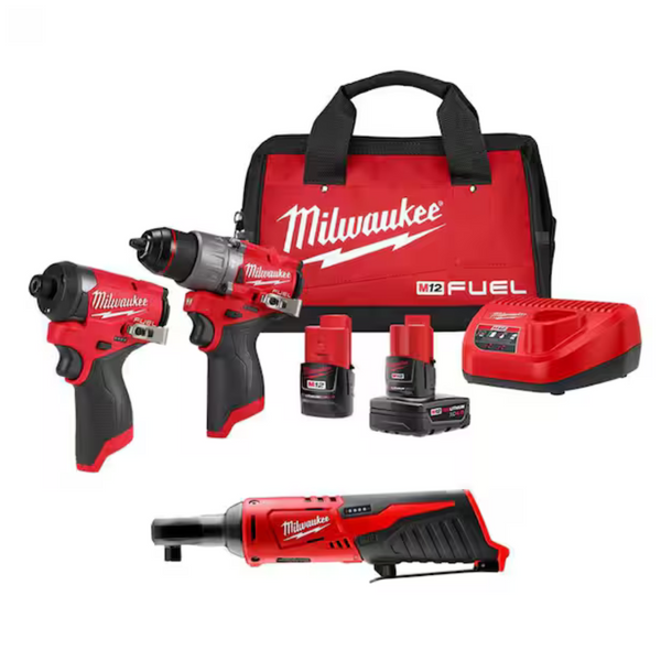 3-Tool Milwaukee M12 Combo Kit W/ FUEL Hammer Drill + FUEL Impact Driver + Ratchet