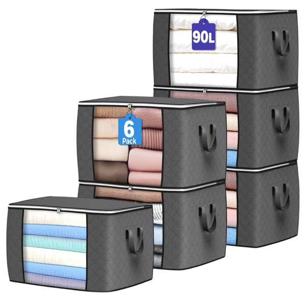 6-Pack 90L Foldable Clothes Organizers Storage Bags With Reinforced Handle