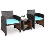 3-Piece Patio Rattan Wicker Chair Set W/ Cushions & Tempered Glass Table (3 Colors)
