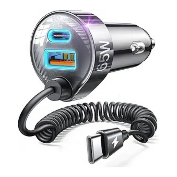 LISEN 65W USB-C Fast Car Charger with 4ft Coiled USB-C Cable