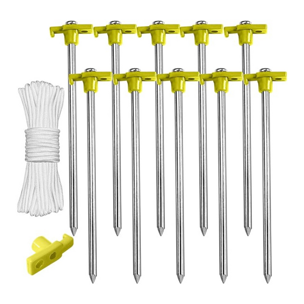 10-Piece 11" Non-Rust Metal Ground Tent Stakes with 4 Ropes for Camping