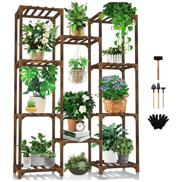 Wood 10-Tiers 11-Pot Plant Holder Shelf