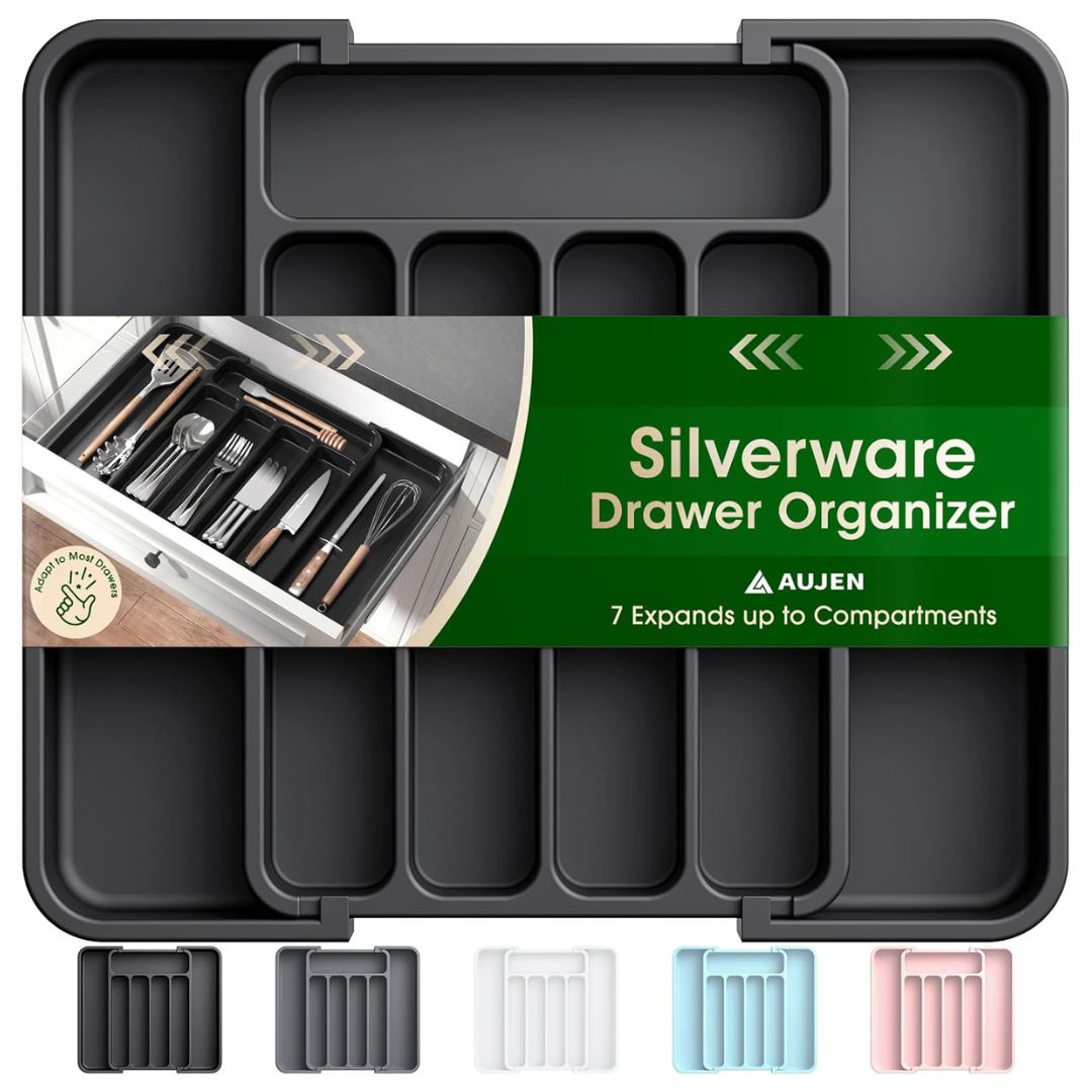 Aujen Expandable Silverware Organizer For Kitchen Drawer (Black)