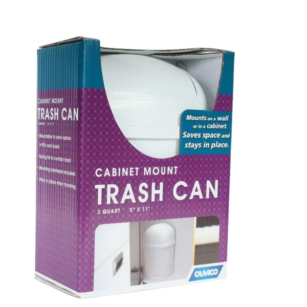 3-Qt Camco RV Cabinet Wall Mount Trash Can With Spring-Top Lid