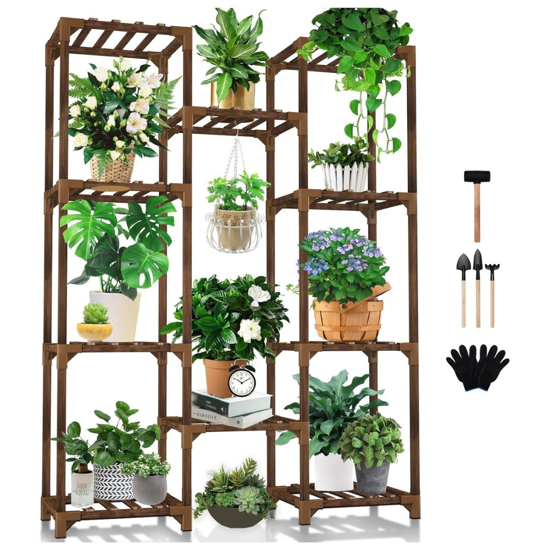 Wood 10-Tiers 11-Pot Plant Holder Shelf