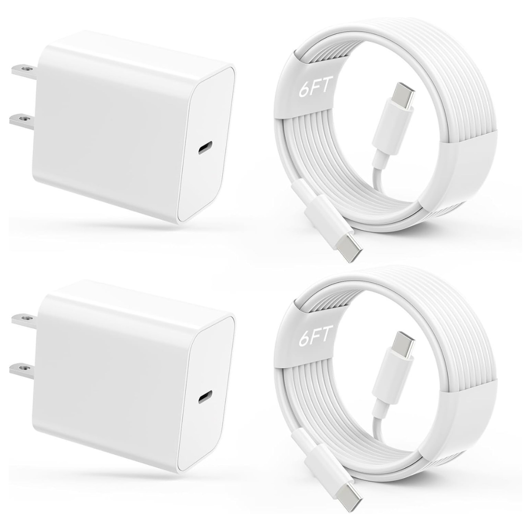 2-Pack Qntry 20W USB-C Fast Wall Charger With 6ft Cables