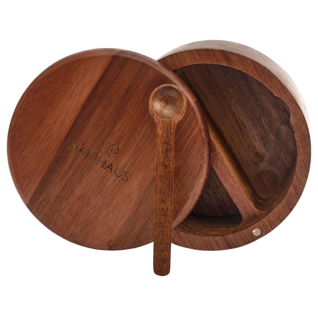 Acacia Wood Salt & Pepper Box With Spoon And Magnetic Lid