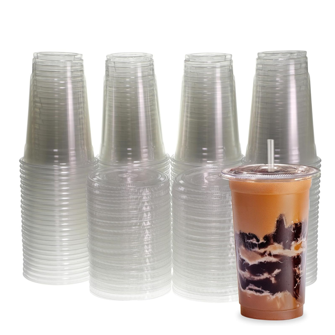 100-Count 20-Oz Clear Plastic Cups With Flat Lids & Straws
