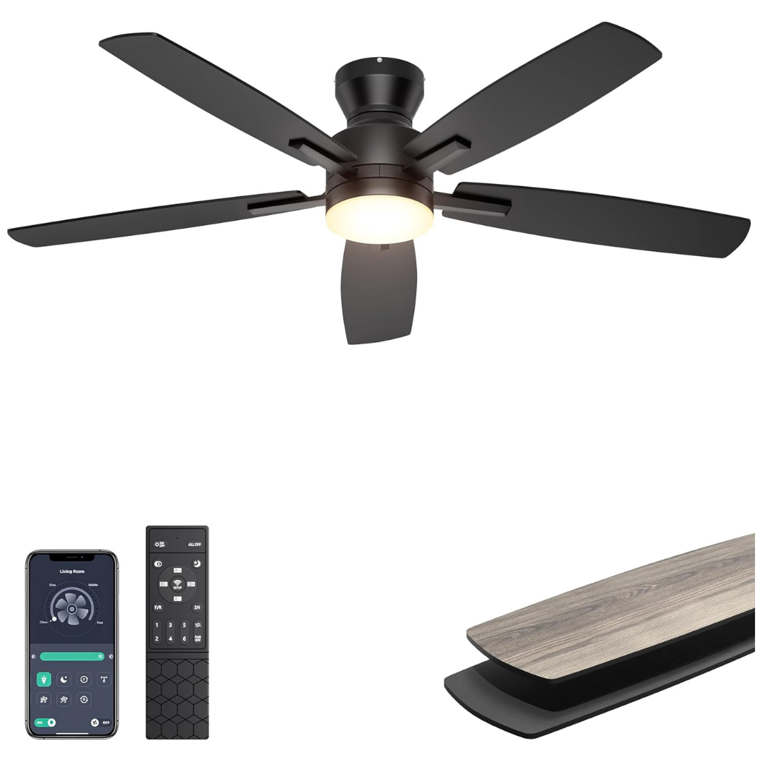 52" Low Profile Ceiling Fan W/ LED Light & App/Remote Control (3 Colors)