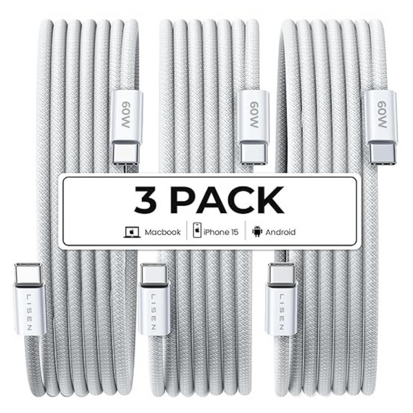 3-Pack 6.6ft Lisen 60W Braided USB-C to USB-C Charger Cables