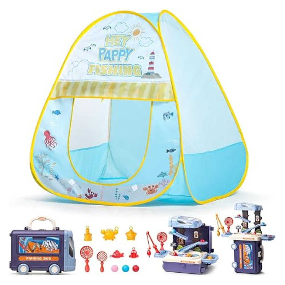 Kids Pop-Up Fishing Shop Tent with Toy Set
