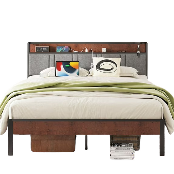 Nisien Queen Size Platform Bed Frame with Charging Station