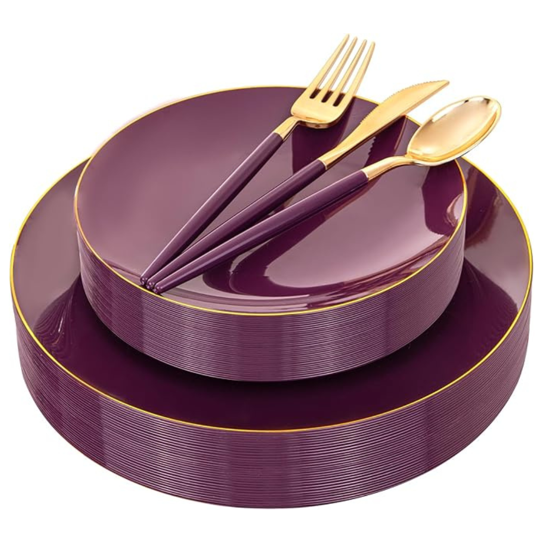 Liacere 150 Pcs Purple & Gold Plastic Dinnerware Set (Service For 30)