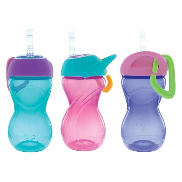 Nuby No-Spill Clik-It Flexi Straw Sippy Cups With Carabiner Clip (3-Pack)