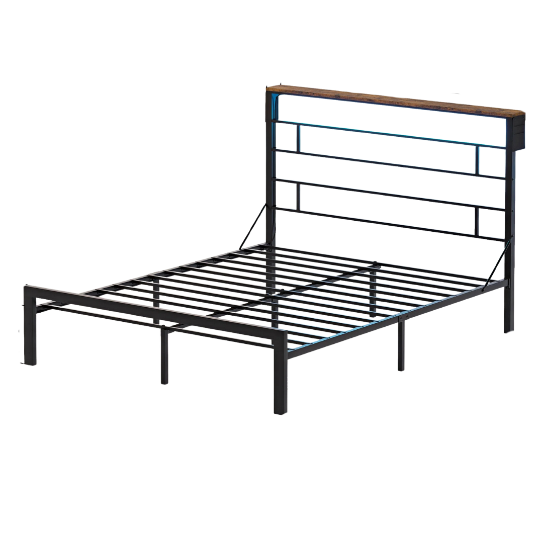 Bestier Metal Bed Frame With LED Storage Headboard Shelf (Queen)