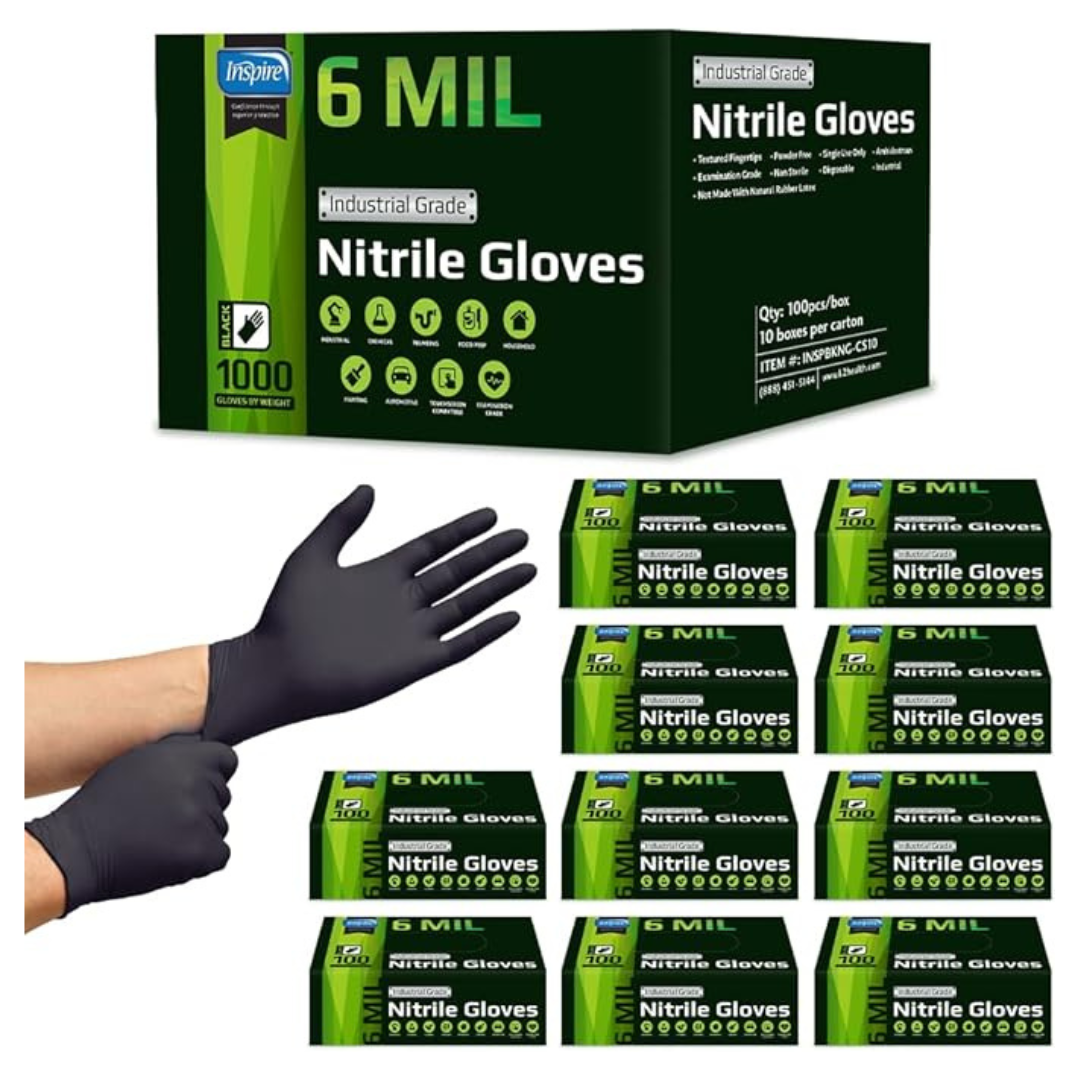 1000-Count Inspire Heavy Duty 6Mil Quality Stretch Nitrile Black Gloves