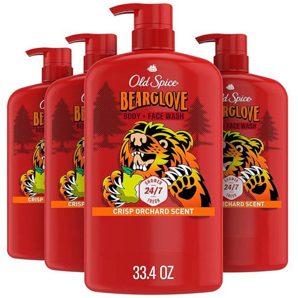4 Bottles Of Old Spice Cleansing Body + Face Wash, Bearglove With Crisp Orchard Scent (33.4 Oz Bottles)