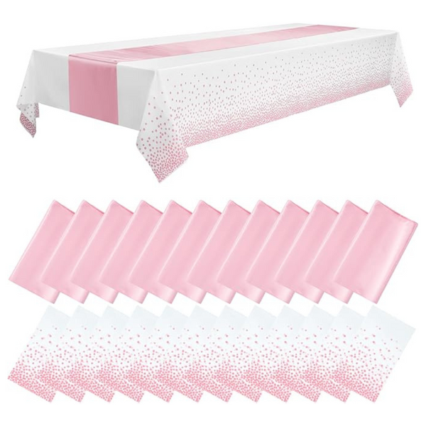 WDF 16 Pack White and Pink Plastic Tablecloths With Pink Table Runners (54 x 108 Inch)