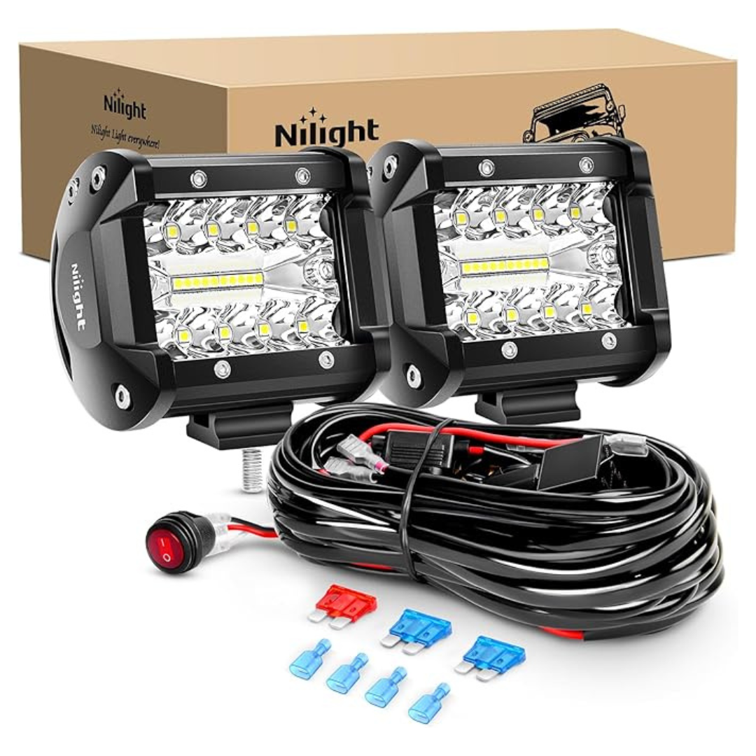 2-Piece Nilight 60W 4" Flood Spot Combo LED Light W/12ft Wiring Harness Kit